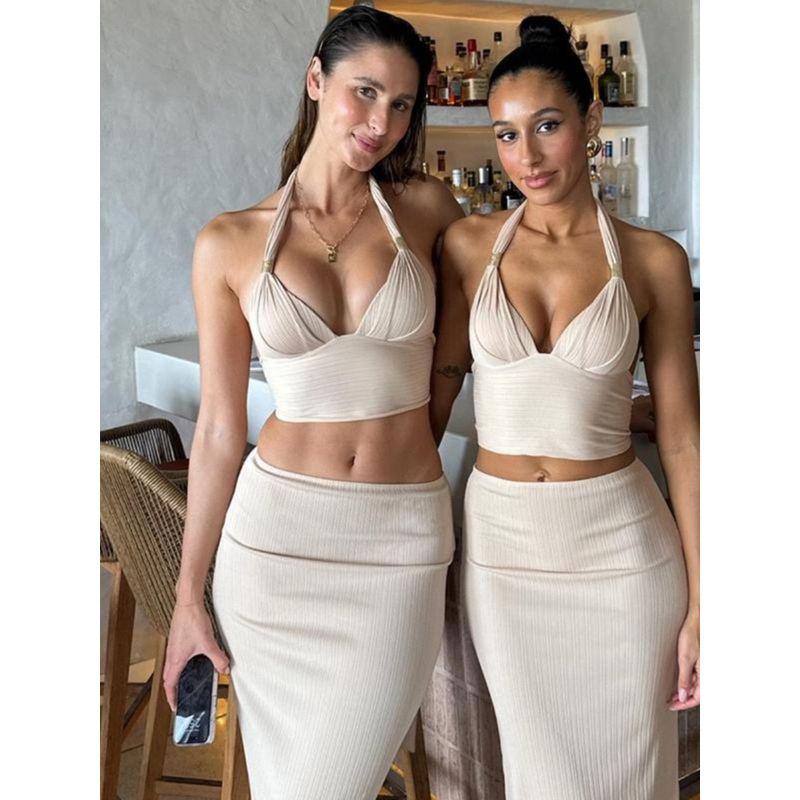 European and American Elegant Ins Holiday Style Sexy Set Gyaru Backless Top Half-Length Skirts Vest Outer Wear Two-piece Set