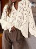 Women's Casual Elegant Lace Blouse Long Sleeve Button Down Shirt Loose Fit Fashion Top for Spring Autumn Daily Wear