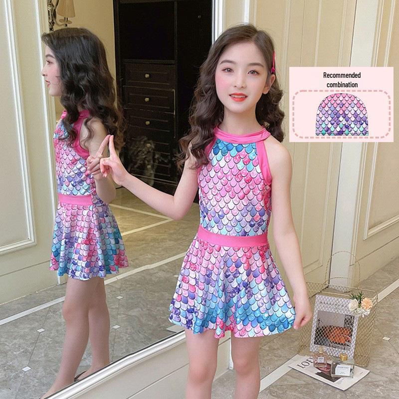 Dziewczęcy strój kąpielowy jednoczęściowy z kreskówkowym wzorem i spódniczką - Dostępny dla małych i średnich dzieci