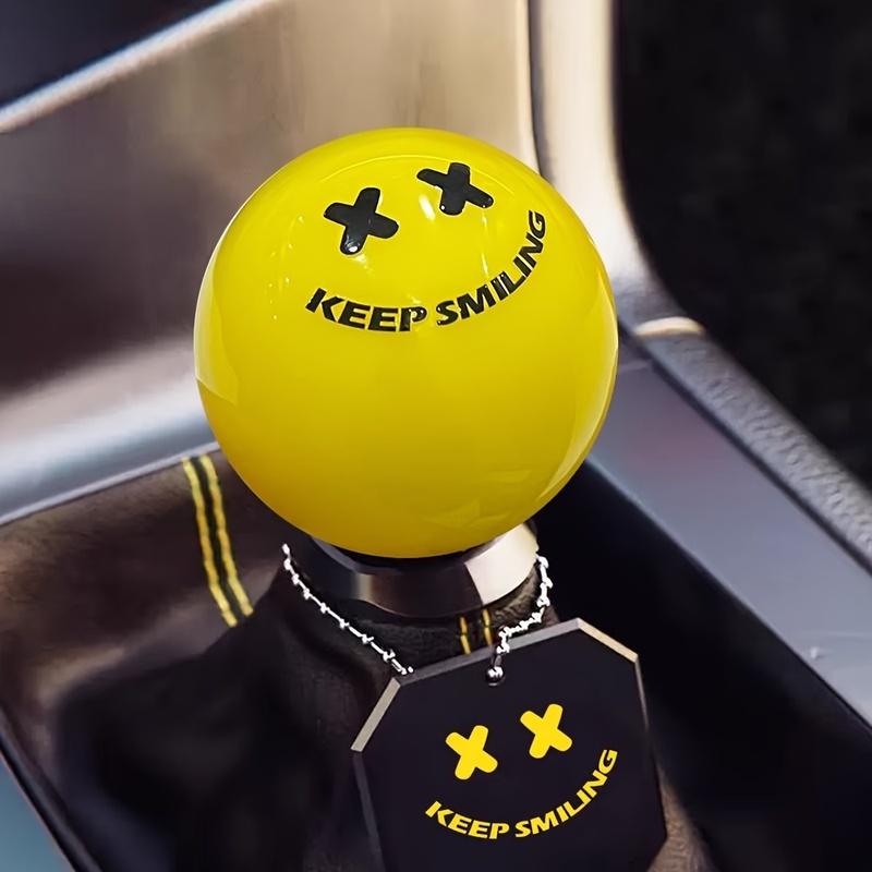 Keep Smiling Yellow & Black Gear Shift Knob - Manual Transmission Lever Head with Joyful Face Design, JDM Style Car Interior