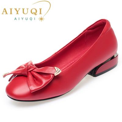 Chaussures de printemps en cuir véritable pour femmes, chaussures rouges à mi-talon, bout rond, nœud peu profond