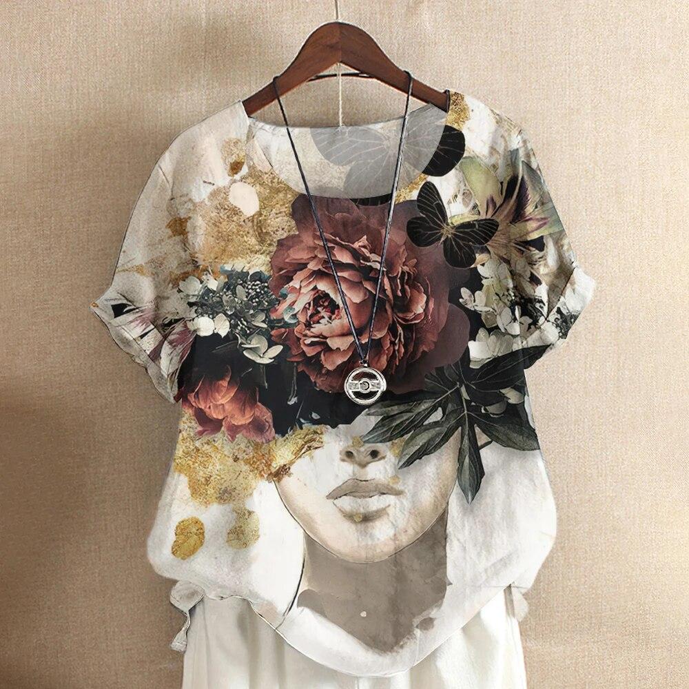 Kunst Ansikt Bluse Dame T-skjorte Mote Kortermet Tees Blomstertrykk Topper O-Hals Kule Jenter Klær Sommer Casual Genser