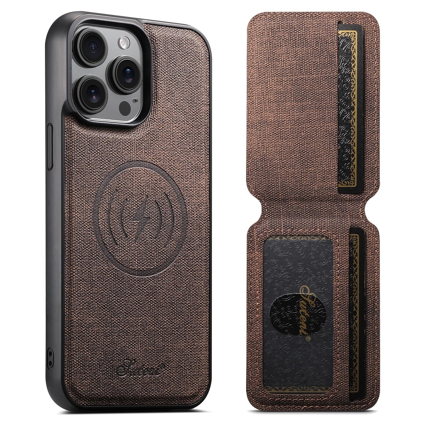 

SUTENI H18 Магнитный чехол для iPhone 15 Pro Текстура джинсовой ткани Кожаная задняя крышка с карманом для карт Brown