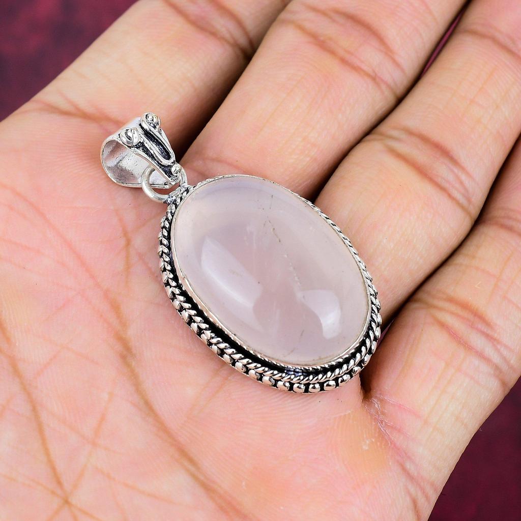 Wisiorek z różowego kwarcu, ręcznie robiony, najnowszy projekt biżuterii, 925 solidny wisiorek z kamieniem szlachetnym, prezent dla matki