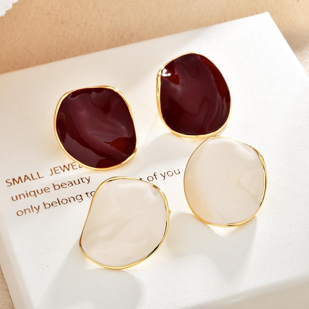 French drip glaze pleated round stud earrings women's light luxury niche design high-end temperament earrings burgundy retro earrings