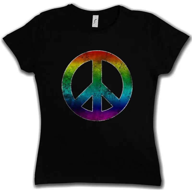 RAINBOW PEACE SYMBOL Women T SHIRT Sign Logo Hippie 60s Cultur Goa Gay Free Love