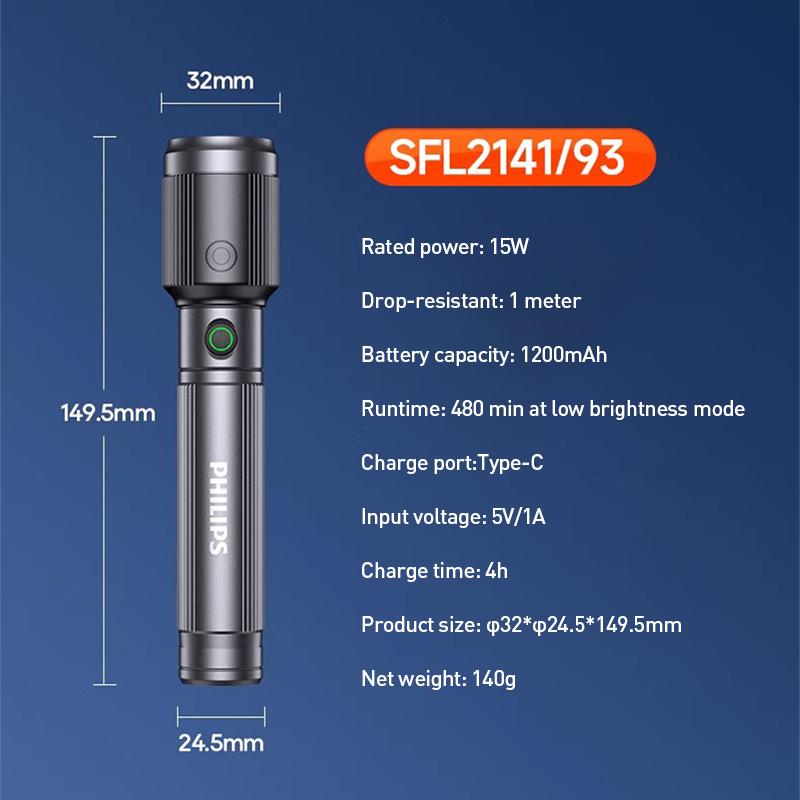 Philips Zoom Flashlight-high brightness for long-distance illumination Adjustable brightness, stepless dimming