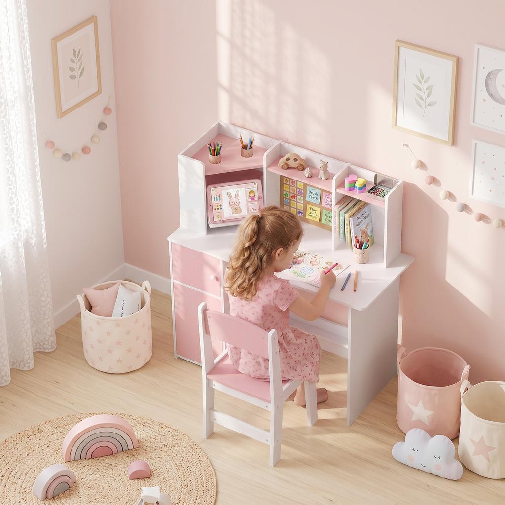 Kids Desk and Chair Set for 5-12 Years Old with Bookshelf, Pen Holder, Adjustable Tablet Stand, Pink