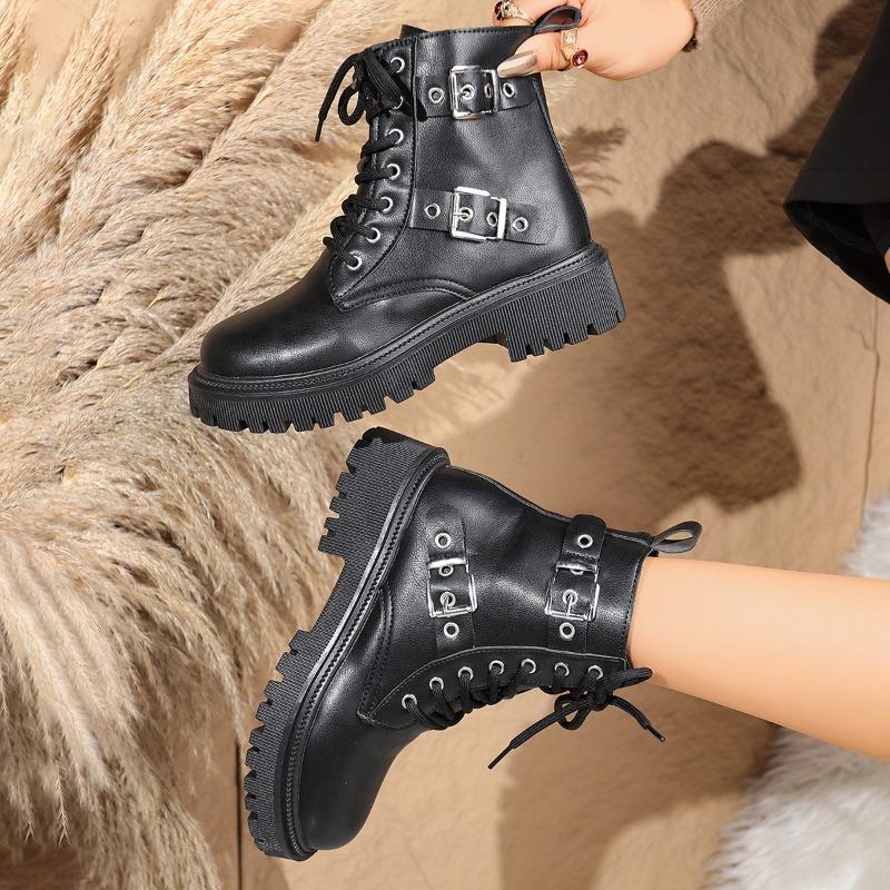 Large Size Double Belt Decorative Buckle Martin Boots Women's Autumn and Winter New Round Head Locomotive Boots