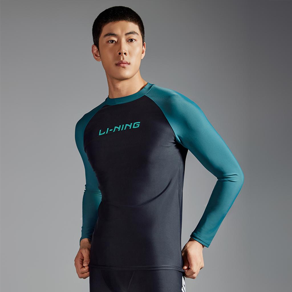 Li Ning Swimming Series Letter Round Neck Pullover Long Sleeve Swimsuit Men swimsuit Balm-Green Black ASLT085-3