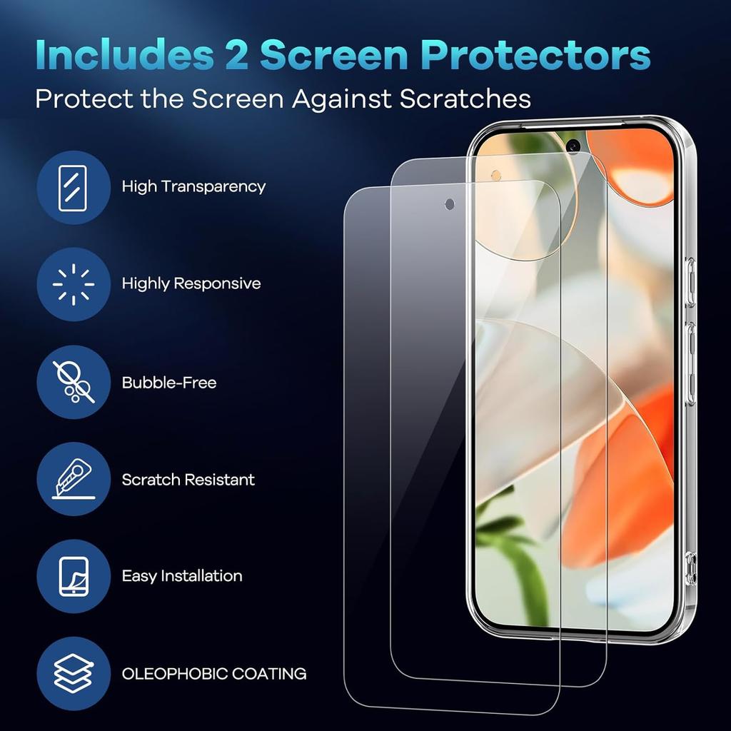 For Google Pixel 9a Case TPU Clear Phone Cover+2PCS Tempered Glass Screen Film 2.5D Arc Edge