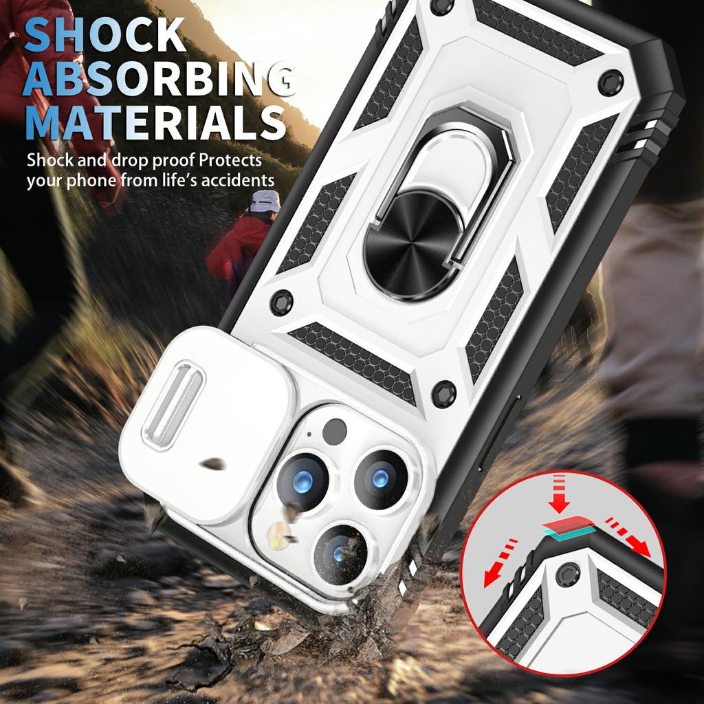 For iPhone 15 Pro Max Kickstand Case Card Holder PC+TPU Phone Cover with Sliding Camera Protection