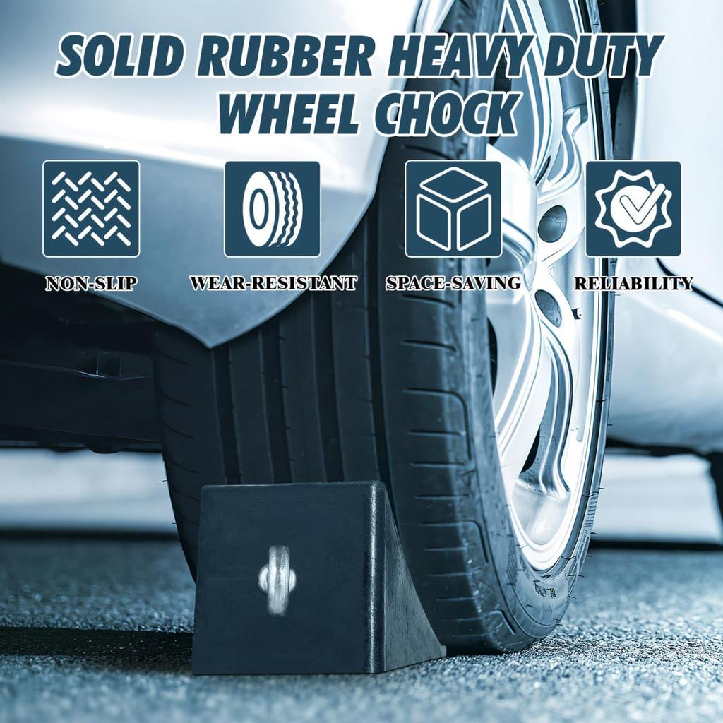 2 Pack Solid Rubber Wheel Chocks for Travel Trailer RV Campers Truck, Heavy Duty Tire Blocks & Parking Stoppers, Non-Slip Wedge for Car Boat & ATV,