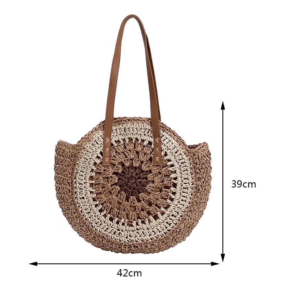 Women Fashion Woven Handbag Round Straw Woven Tote Bag Vacation Shoulder Bag Large Capacity Ethnic Style for Travel Vacation