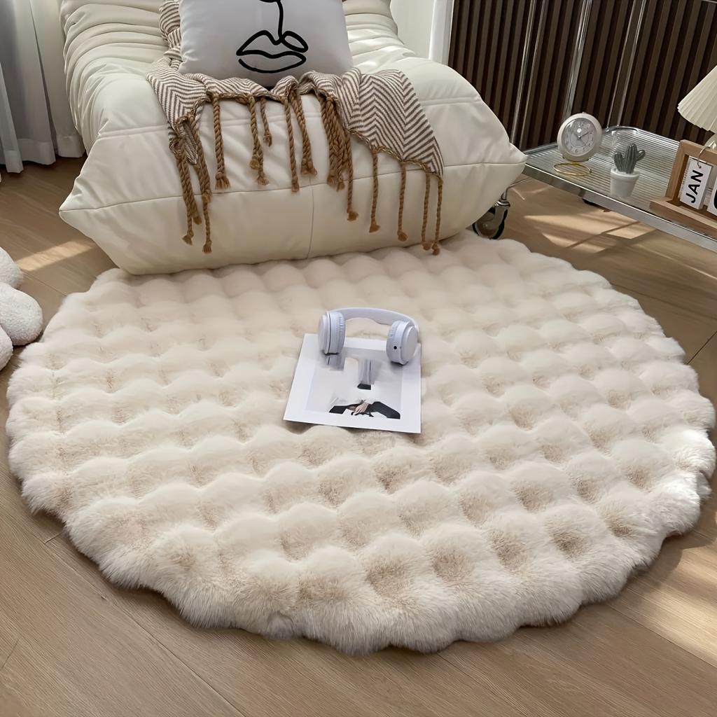 1pc Bubble Fleece Fabric Round Simple Solid Color Premium Soft Fluffy Easy To Clean Furry Warm Cute Indoor Decorative Carpet Suitable