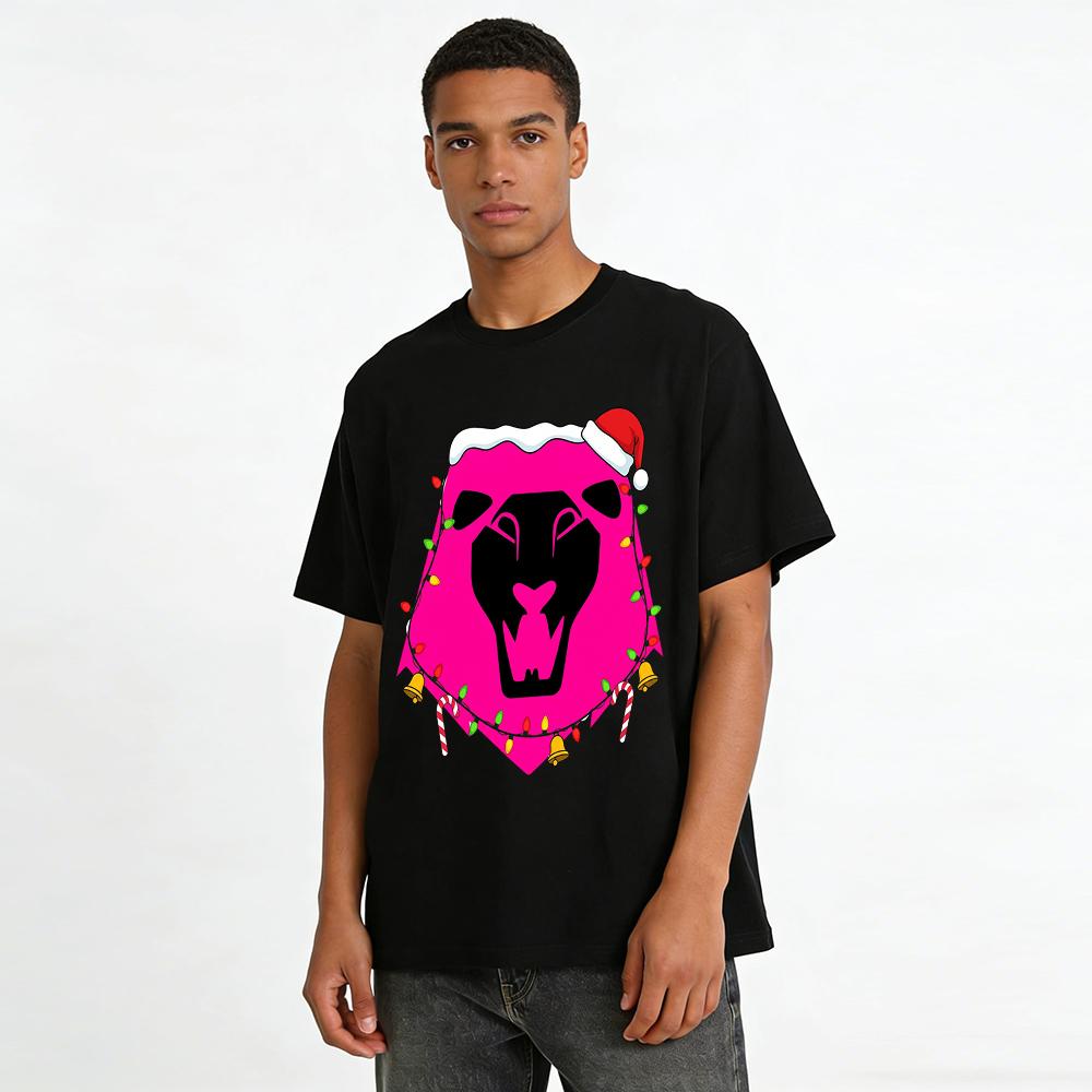 Christmas Theme Black Panther Print Top Festive String Light Bell Decor Casual Loose T-shirt Pure cotton T-shirt
