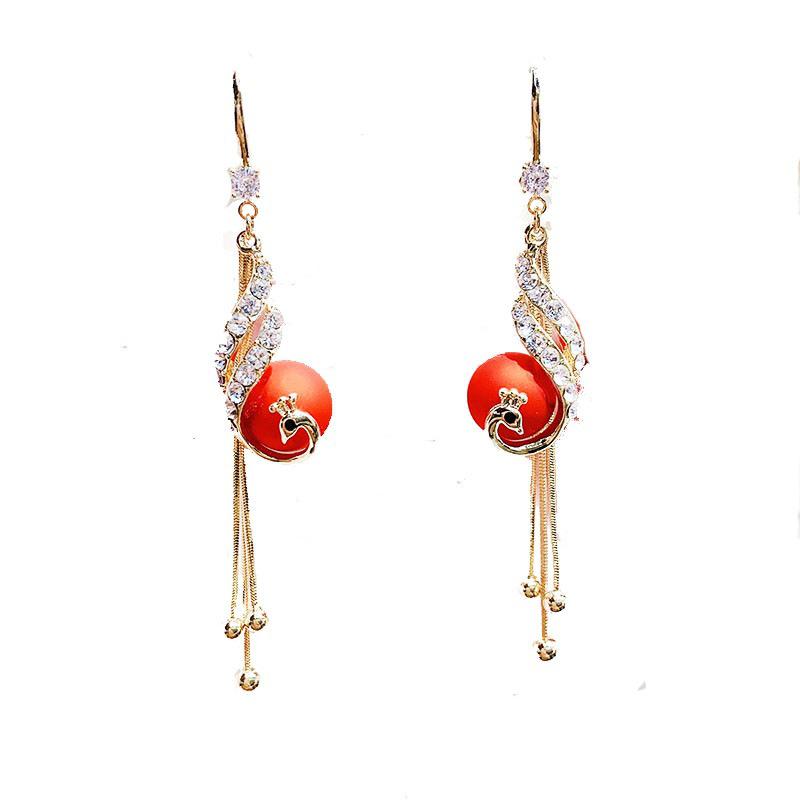 New Year Red Pearl Peacock Tassel Earrings: Phoenix Dance Long Drop Earrings for Women