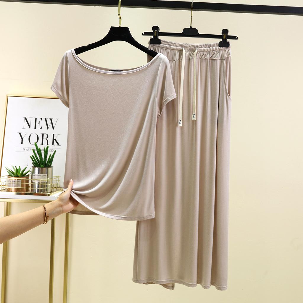 Modal U-Boot-Ausschnitt Kurzarm T-Shirts und Langer Rock Unifarben Loungewear 2-teiliges Set Locker Lässige Kleidersets Damen passendes Set