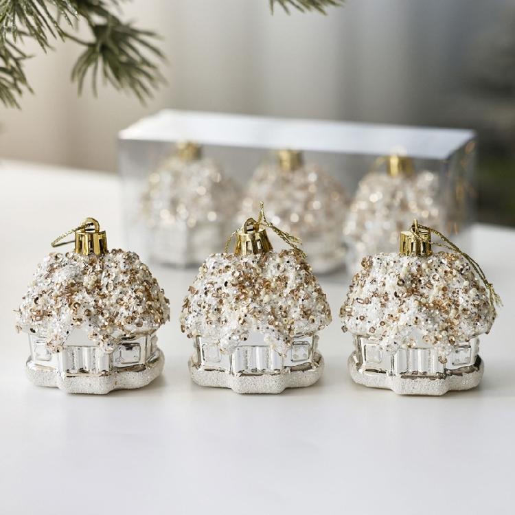 Golden Christmas Ball Houses Shape Decorations Hanging Pendant For Outdoor Party Wall Window Decoration