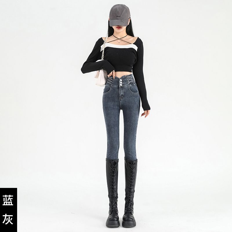 Women's High-waisted and Small-footed Jeans, the New Season Slim-fitting and Thin, Fleece Tight Pencil Winter Pants