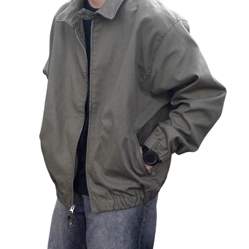 Men Coat Lapel Collar Long Sleeve Solid Color Jacket with Pockets Loose Fit Street Style Casual Outerwear