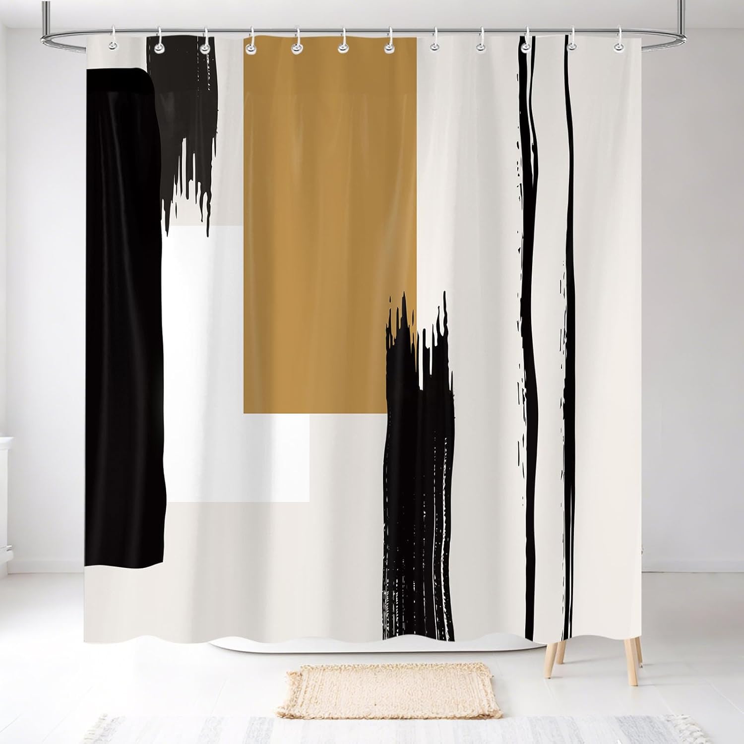 

Neutral Geometric Black Modern Shower Curtain, Minimalist Abstract Shower Curtain Yellow, Waterproof With 12 Hooks W60H190(CM)-1 Pcs