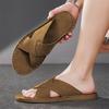 Men Slippers Handmade Simple Flats Brown Suede Sandals Summer Open Toe Beige Beach Shoes Plus Size