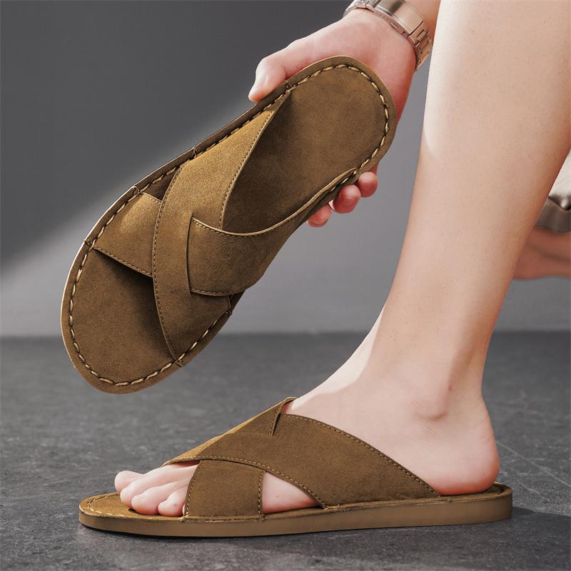 Men Slippers Handmade Simple Flats Brown Suede Sandals Summer Open Toe Beige Beach Shoes Plus Size