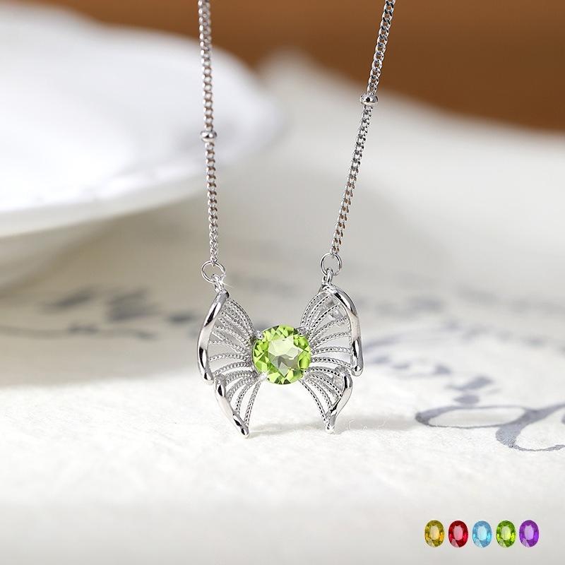 Butterfly Natural Crystal Stone Pendant S925 Sterling Silver Necklace Women's High-end Peridot New Chinese Jewelry Fashion Gift