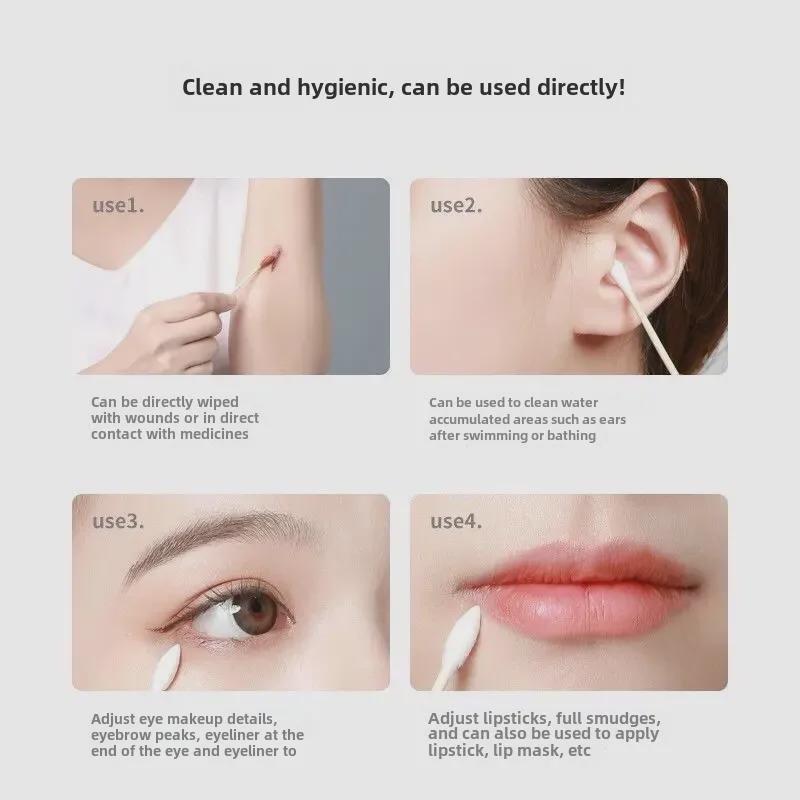 Double-Headed Cotton Swabs: Disposable, Pointed, Sanitary, for Cosmetic & Ear Cleaning, Wooden Sticks