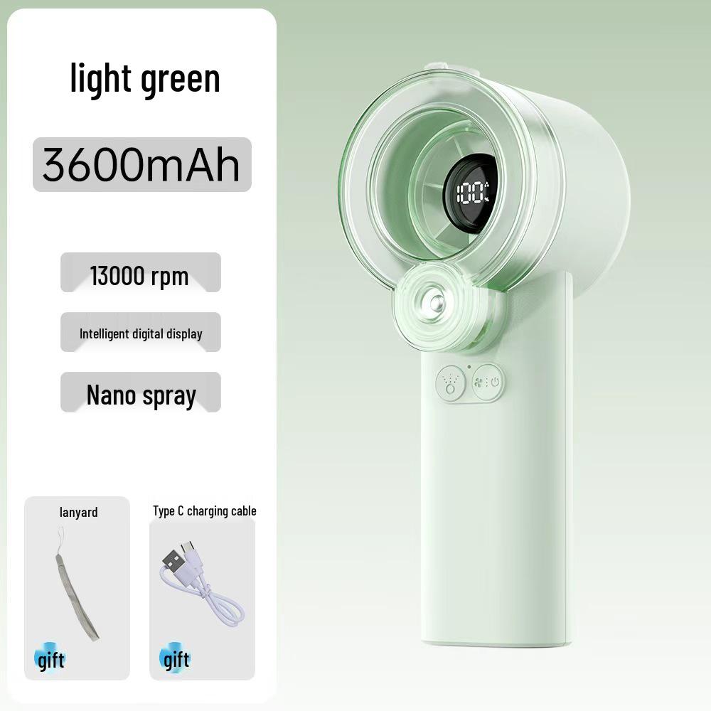 Rechargeable Handheld Mini Fan with Long Battery Life, Quiet Cooling, Powerful Turbine, Portable Design, and Spray Humidifier Feature