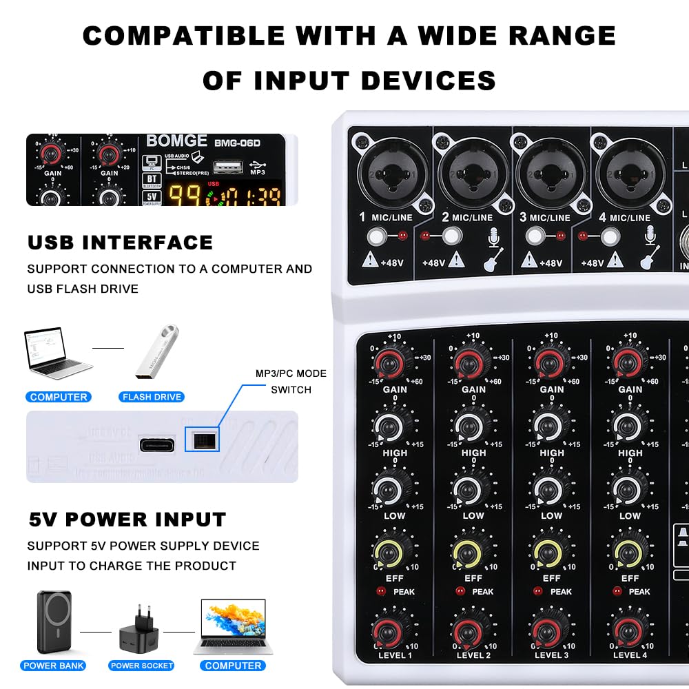 BOMGE DJ Audio Mixer with 48V Phantom 5V Power and 99 DSP Echo Effects for Live and Podcasts 6-Channel MP3, USB, Bluetooth, Power, Supply,