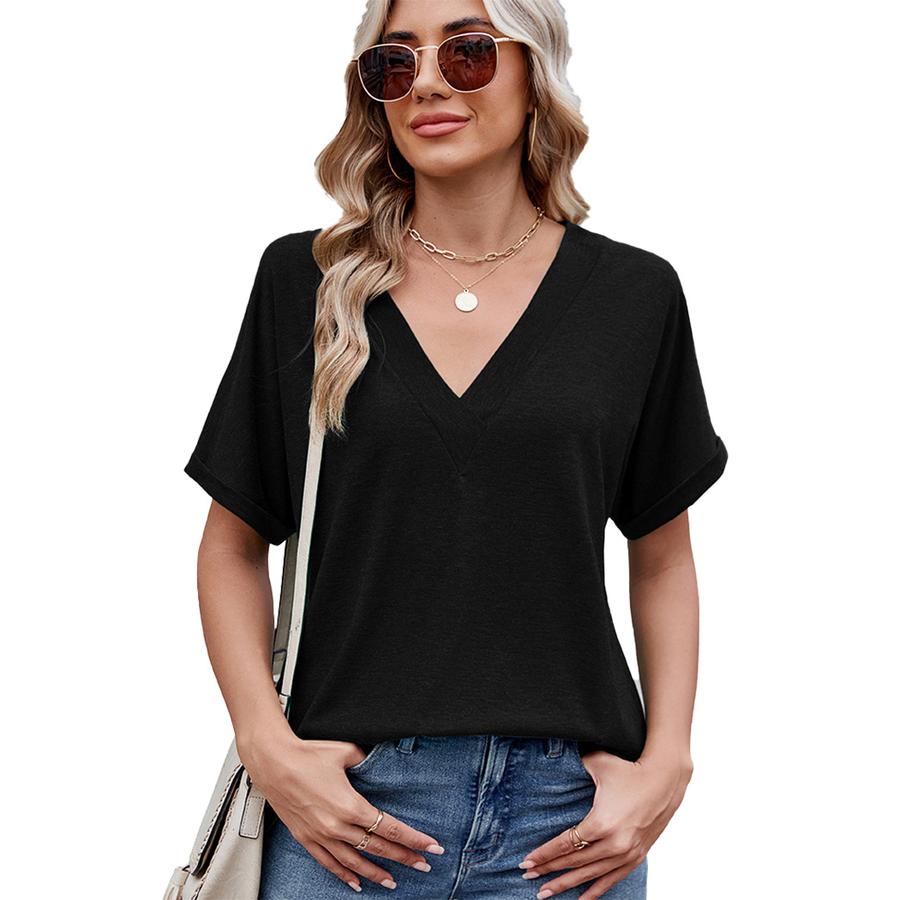 Women's Spring Summer New Arrivals Solid V-Neck Loose Short Sleeve T-Shirt Top