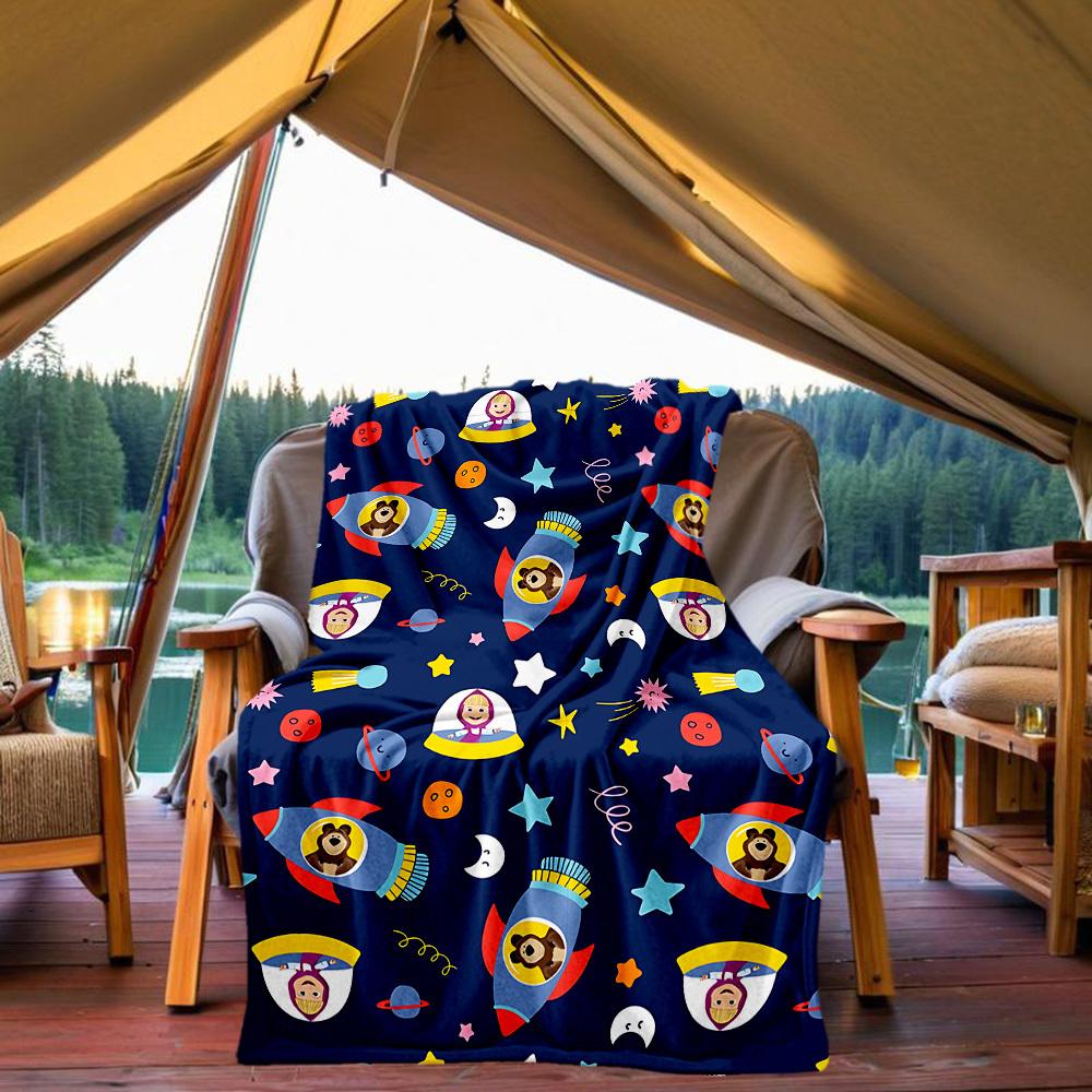 1 buc. Pătură de exterior Masha și Ursul, Flanelă ușoară, Moale și călduroasă, Utilizare în toate anotimpurile pentru canapea, în aer liber, camping, living, birou, scaun