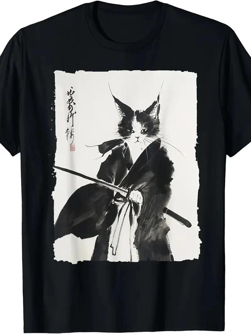 Samurai Cat Tee: Vintage Ukiyo-e Warrior Art Graphic Cat Art T-Shirt Unisex T-Shirt L