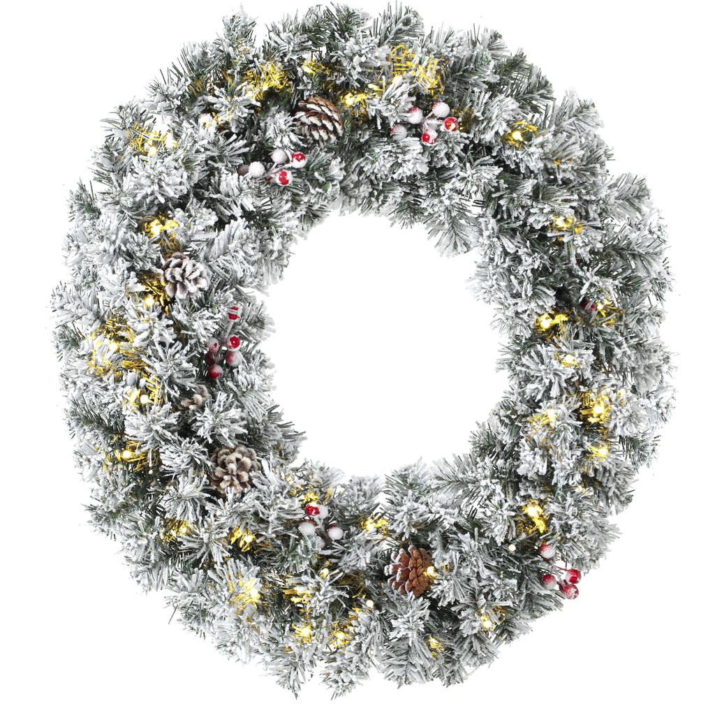 Christmas Wreath Door Snowy Effect with 50 LED Lights Pinecones Berries and Festive Bow for Fireplace Wall Window