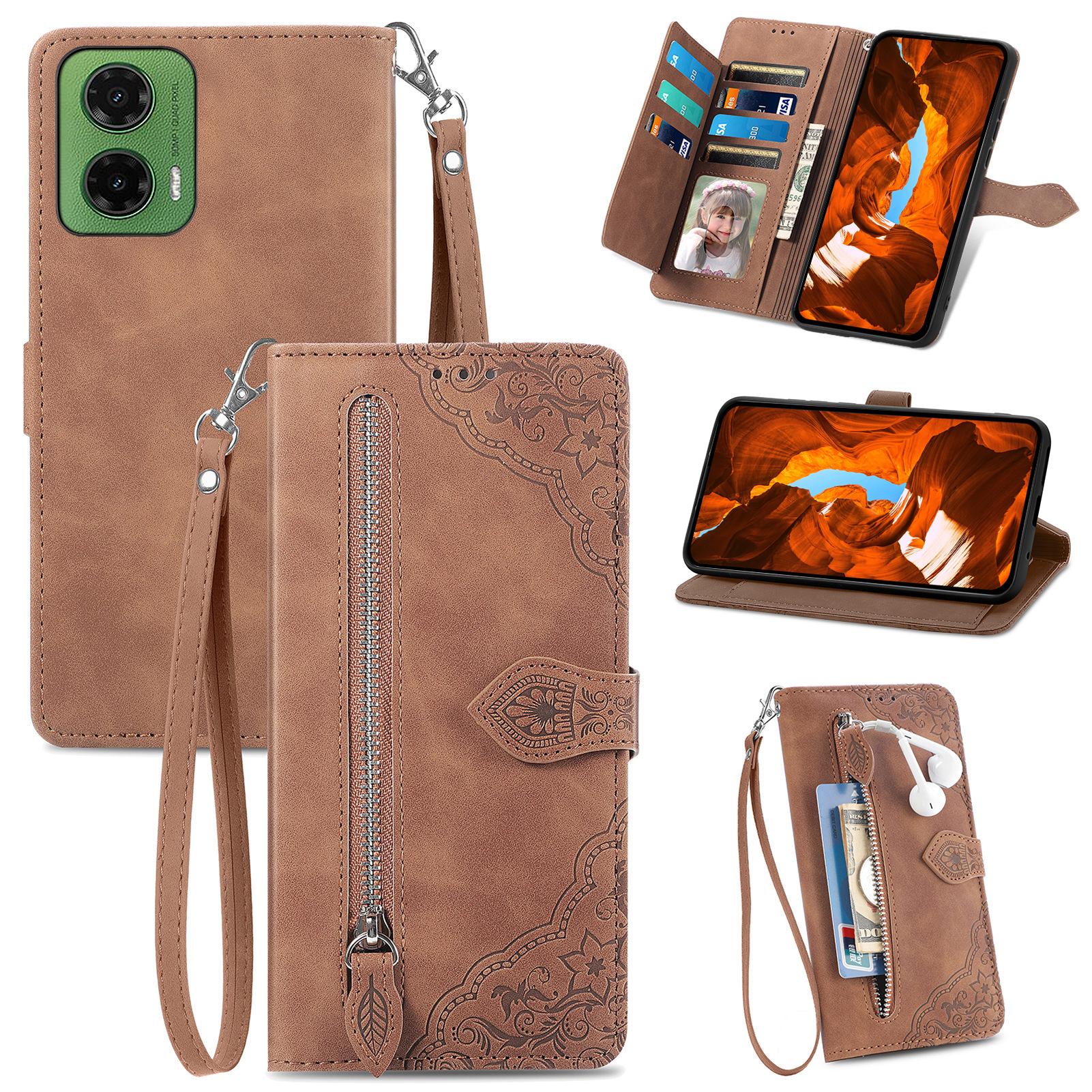 

Для Motorola Moto G35 5G Чохол на блискавці Гаманець PU шкіра Flower Imprint Phone Cover Brown
