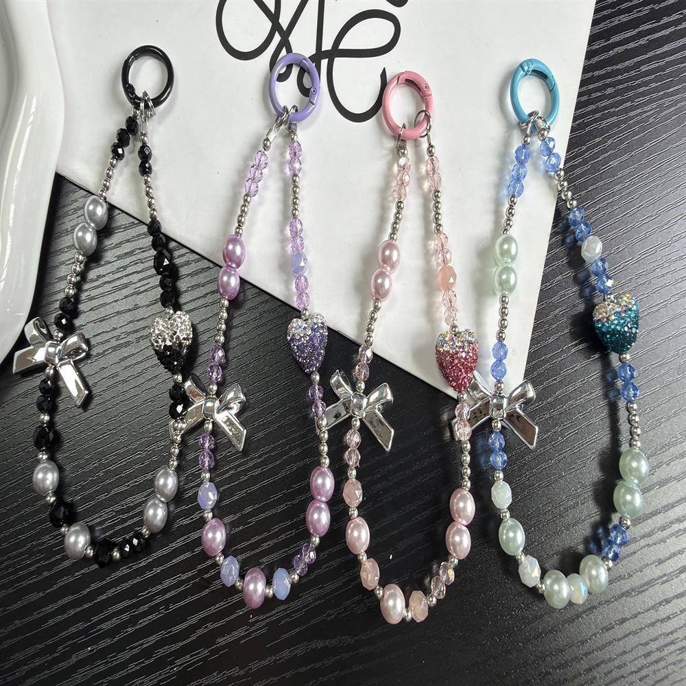 Heart Crystal Rhinestone Phone Chain with Bow - Luxury Keyring Lanyard