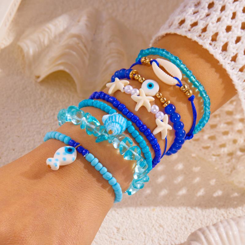 1 Set Summer Ocean Blue Beads Strand Hand Chain Bohemia Starfish Shell Beaded Bracelets For Women Jewelry Beach Vacation Gift