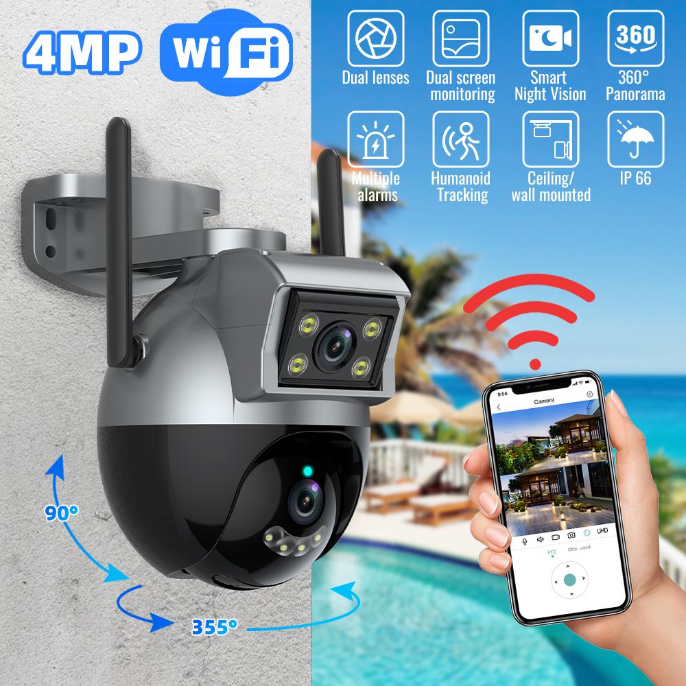 Dual Lens WiFi IP Camera Outdoor Ceiling/Wall mounted Waterproof Security IR Cameras Night Vision Dual Screen Human Detection