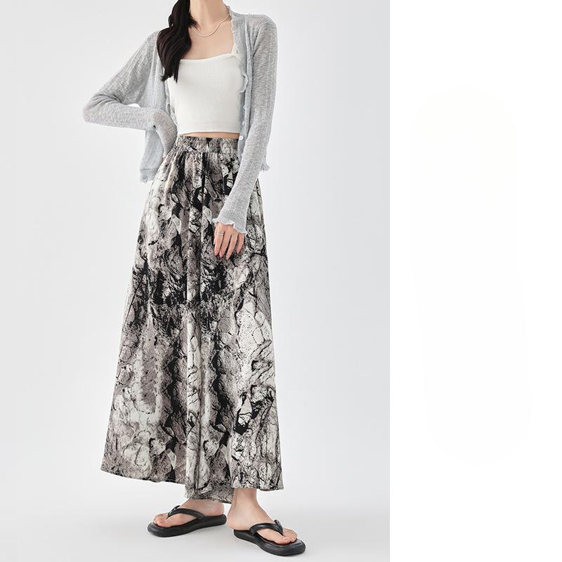 New Chinese Ice Silk Ink Painting Pants for Women's Summer New Pleated Half-body Casual and Versatile High Waist Drooping Wide-leg Skirt Pants