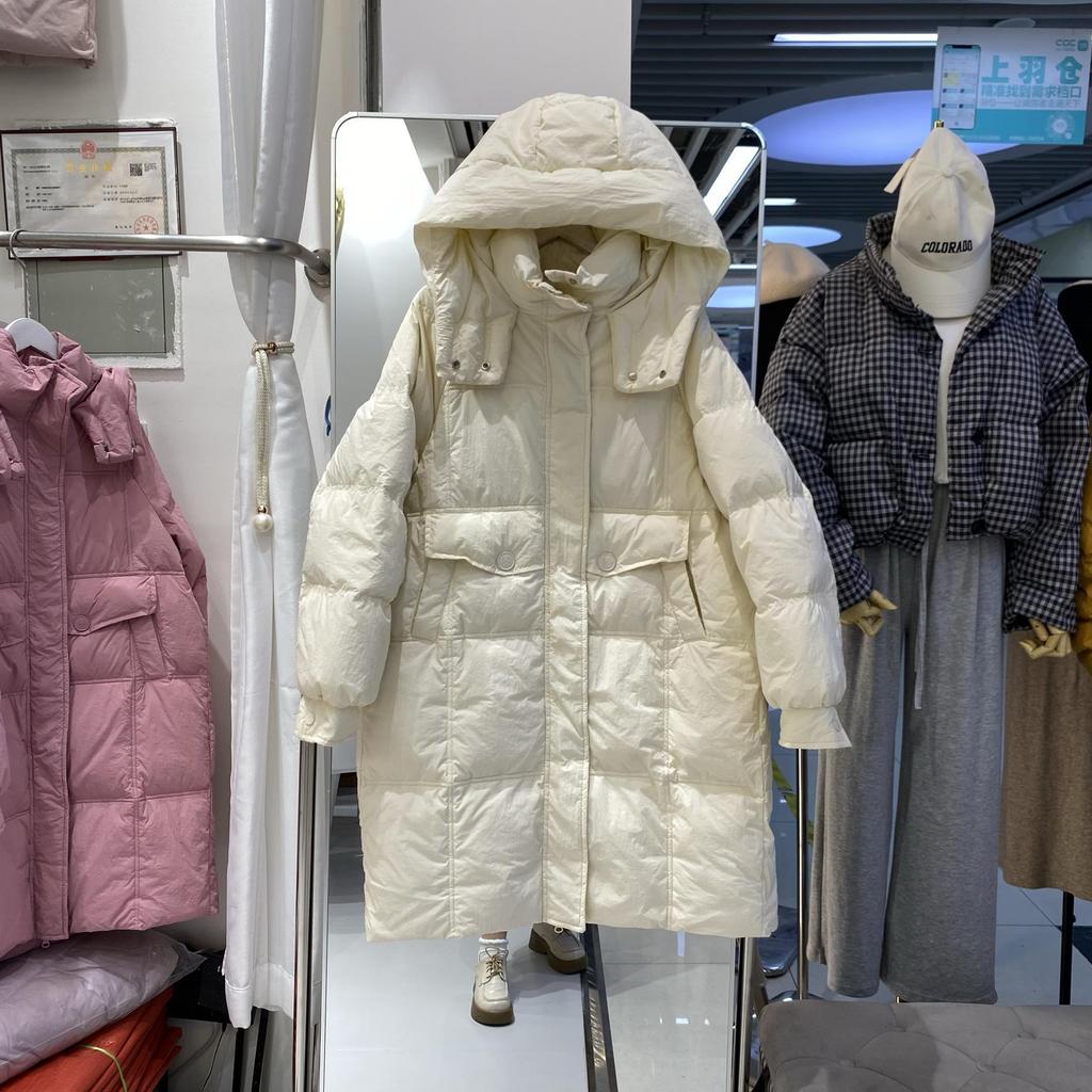 New Down Jacket Women's Medium and Long Hooded Thickened Loose Simple White Duck Down Versatile Jacket Tide