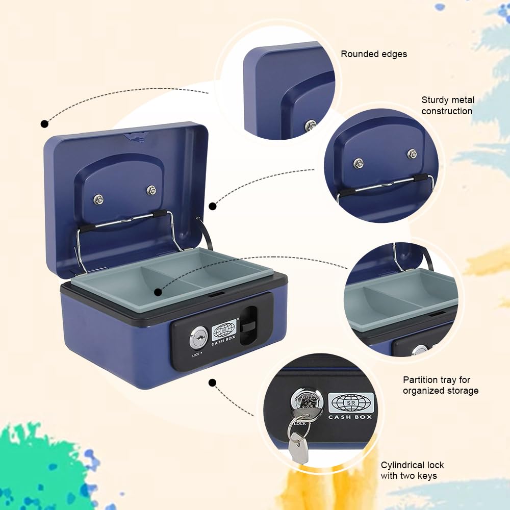 Indian Factory Metal Cash Box with Combination Lock, Money and Coin Organizer for Shop, Office and Home, Blue, 15.4D X 19.7W X 8.5H Centimeters