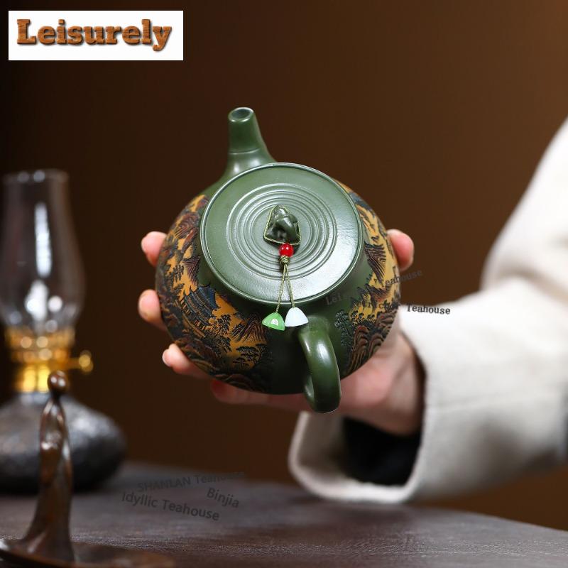 230ml Antike Yixing Lila Ton Teekannen Handgefertigter Landschaftstopf Rohmaterial Grüner Schlamm Teeeinweichkessel Zisha Teekanne Teegeschirr