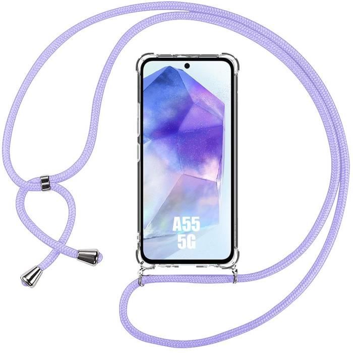 Coque - Samsung - Galaxy A55 5G - Antichoc - Transparent - Cordon Violet Ajustable
