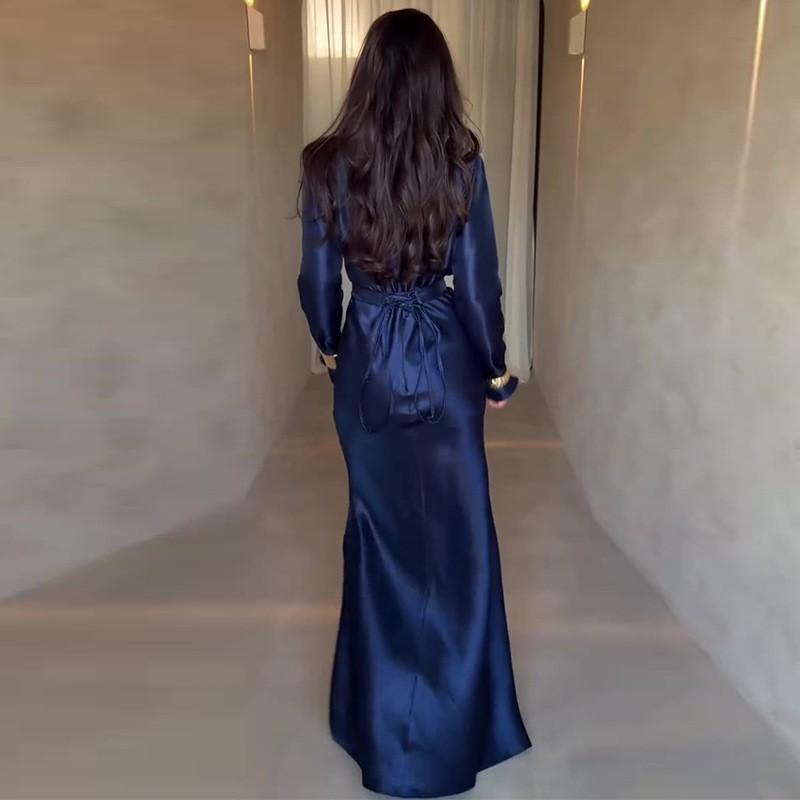 Elegant Long Sleeve Wrap Waist Pleated Solid Color Midi Dress Women 2026