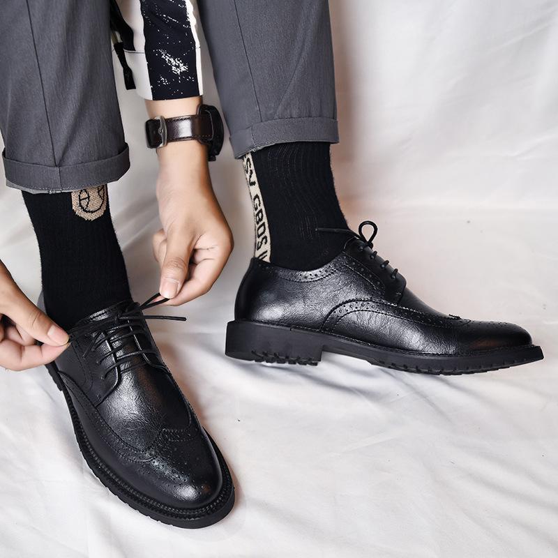 Pánské kožené boty pro střední věk a mladé lidi, z hovězí kůže, pro čtyři roční období, společenské, formální k obleku, zvyšující výšku, ležérní, britský styl, svatební boty pro ženicha