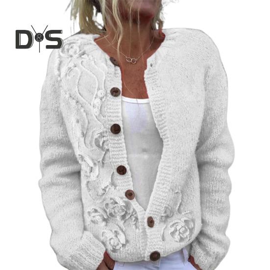 Damen Pullover Strickjacke Rundhals Langarm 3D Blumenmuster Button Up Strickjacke Verdickte warme Herbst Winter Tops