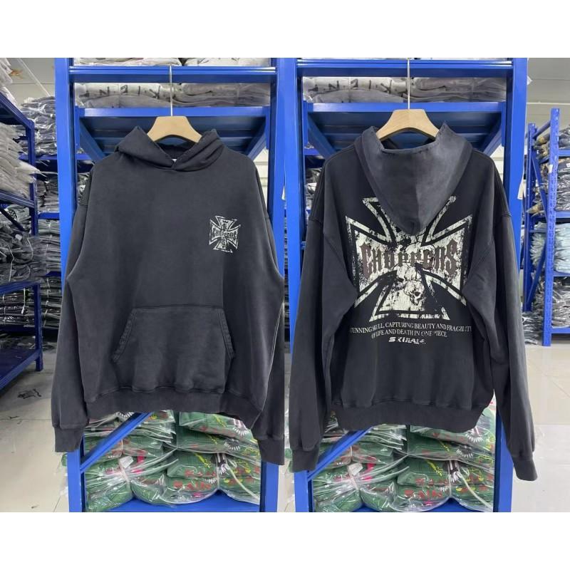 Vintage West Coast Hooded Zip-Up Sweatshirt With Sanskrit Script Print Relaxed Fit Cotton Pullover Men