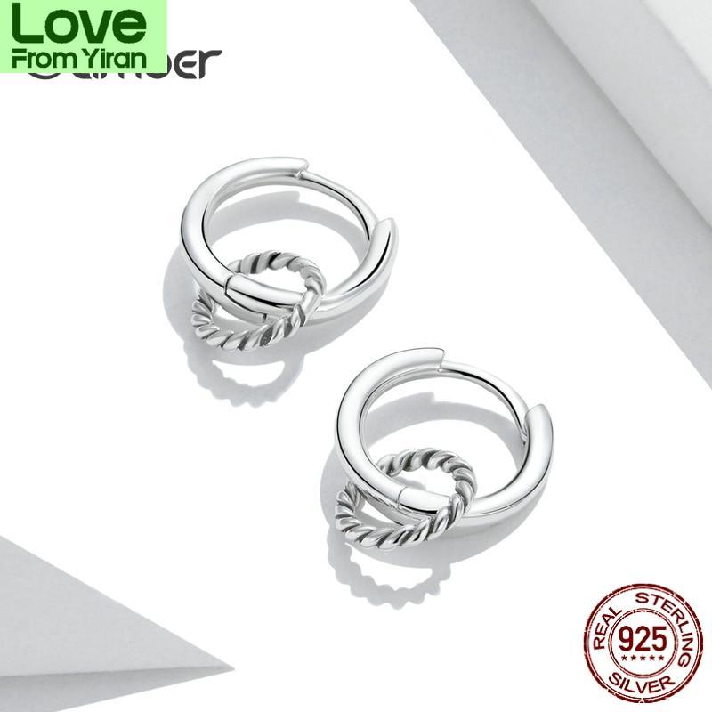 Authentic 925 Sterling Silver Double Ring Ear Buckles Round Circle Earrings For Women Silver Jewelry Sce1199